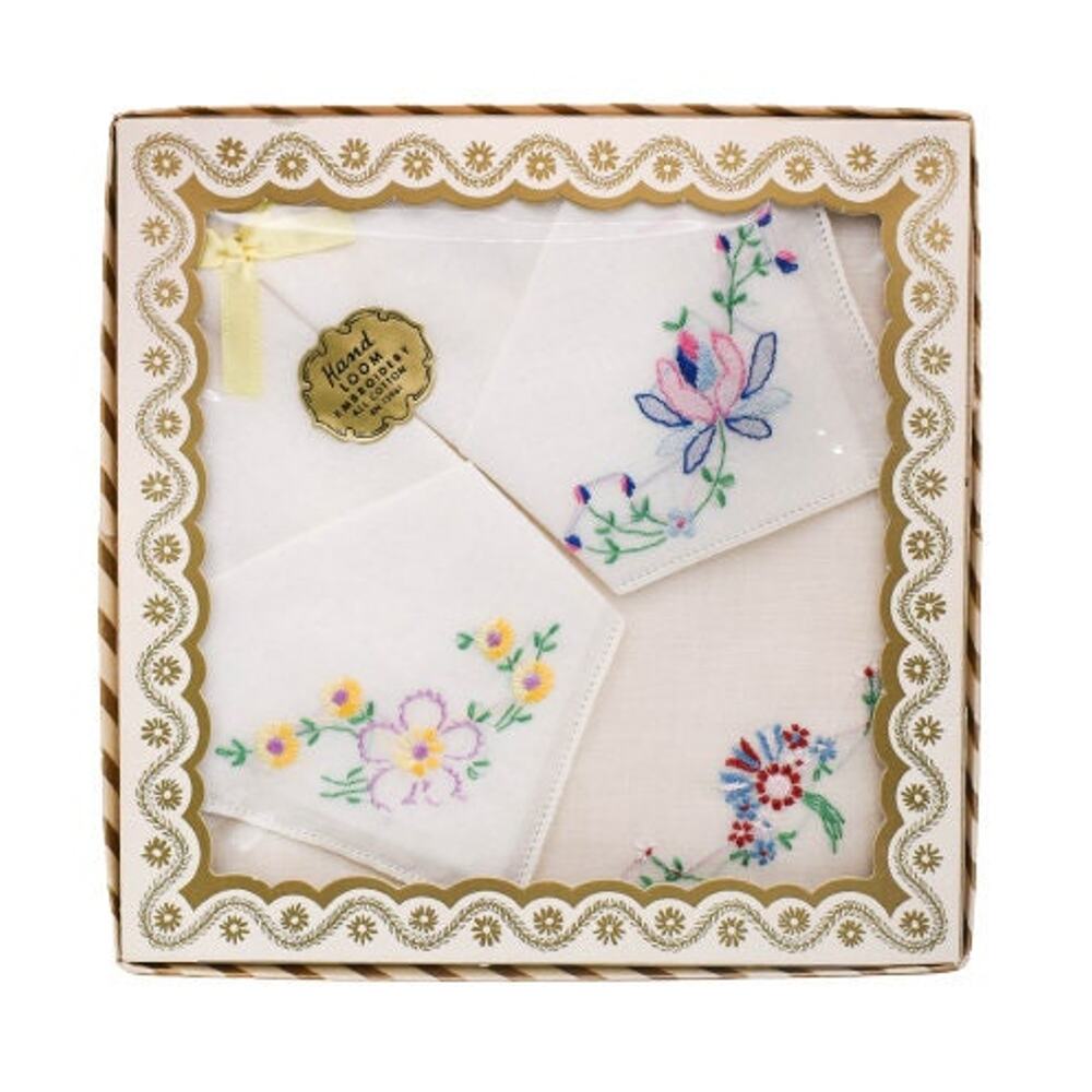 1960s NOS Boxed 3 pc Set Embroidered Floral Pattern Handkerchief Hankie Hanky